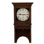 Oak single fusee wall clock in need of repair, the 5.5" circular brass dial with Roman numerals,