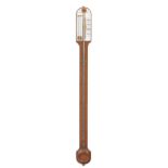 Victorian oak stick barometer, ceramic scale with thermometer, signed Selfridge, London, the case