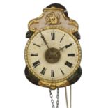 19th century miniature Black Forest alarm wall clock, 4.5" painted wooden dial with Roman numerals