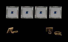 Harrods - 1920's Fine Boxed Set of 9ct White Gold and Platinum Blue Sapphire Set Studs. Marked