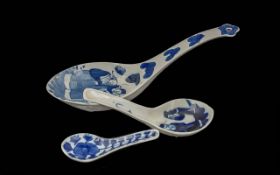 Antique 19th Century Chinese Blue & White Soup Spoons, three in total.