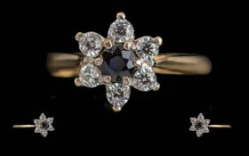 Ladies Pleasing Quality 18ct Gold Diamond & Sapphire Set Cluster Ring - Full Hallmark To Interior Of