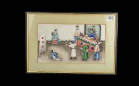 Six Oriental Pith Paintings, depicting life at home, on horseback, ladies weaving, men with bows and