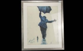 Large Alex Miller Print depicting a man with an umbrella. Mounted, framed and glazed, measures 30.