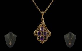 Victorian Period 1837-1901 Ladies Excellent Quality 9ct Gold Openworked Pendant set with Amethysts