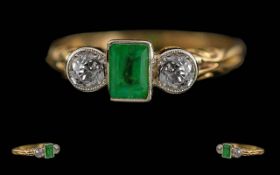 Ladies Excellent 18ct Gold Three Stone Emerald & Diamond Set Ring, marked 18ct to shank. Emerald