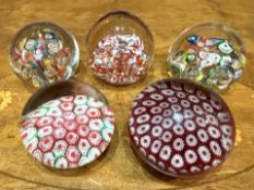 Five Millefiore Paper Weights, assorted colours.