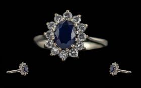 Ladies Pleasing 18ct White Gold Diamond & Sapphire Set Cluster Ring - Full Hallmark To Interior Of