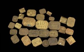 28 Antique Georgian brass gold coin weights, various grams-grains-penny weights of lozenger shapes.
