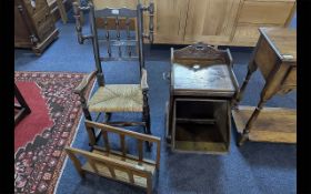 Three Pieces of Furniture, to include child's rocker with rush seat, oak coal scuttle and magazine