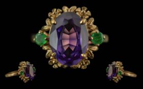 Ladies Pleasing 9ct Gold Amethyst & Emerald Set Ring - Ornate Setting. Full Hallmark To Interior