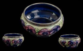 William Moorcroft Signed Handpainted 'Celadon' Pansy Bowl - With Silver Plated Rim. Circa 1920's.