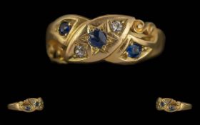 Antique Period Ladies 18ct Gold Sapphire & Diamond Set Ring - Pleasing Design/ Setting. Hallmark