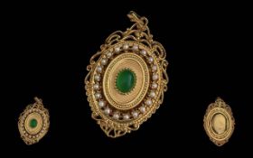 Ladies 18ct Gold Ornate Open Worked Locket/Pendant - Set With A Green Cabochon to centre, Of