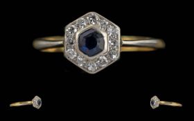 Ladies Excellent 18ct Gold & Platinum Six Sided Diamond & Blue Sapphire Set Dress Ring - Marked 18ct