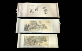 Set of Three Antique Chinese Scroll Paintings depicting landscapes and horses all fully signed by