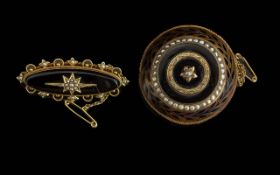 Victorian Period 1837 - 1901 9ct Gold Mourning Brooch and Locket Set with Enamel and Seed Pearls.