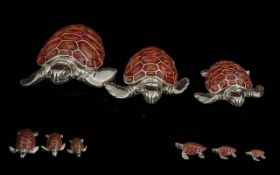Set of 3 Enamel Silver Turtles. Set of ( 3 ) Fully Hallmarked Silver Turtles, Good Quality and