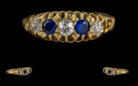Antique Period Ladies 18ct Gold Five Stone Diamond & Sapphire Set Ring - Chester Hallmark To