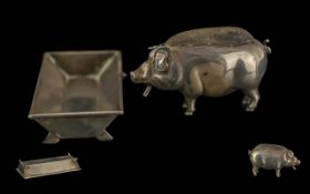 Edwardian Silver Pin Cushion of a Pig at the Trough. Rare Antique Cushion In the Form of a Pig