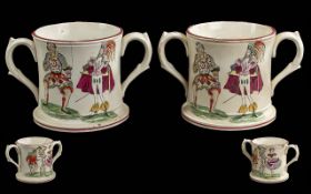 Pair of unusual antique Staffordshire pottery double handled frog tankards, each tankard has three