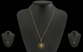 Antique Period Ladies 9ct Gold Star burst Pendant Drop Set with Seed Pearls. Marked 9ct. Attached to