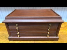 Coin Collectors Cabinet, four drawers with compartments for coins. Brass carry handles and brass