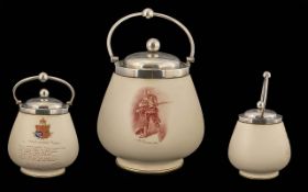 J Mackintyre Biscuit Barrel depicting a gentleman in kharki and a poem by Rudy & Kipling - The