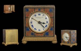 Zenith 1930's Gold Plated & Enamel Small Travellers Keyless Clock - With Fitted Tan Leather Clock