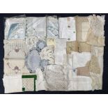 Box of Vintage Linen Items, to include crochet tablecloths and napkins, linen embroidered