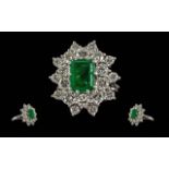 Ladies - Excellent Quality 18ct White Gold Diamond and Emerald Set Cluster Ring. Marked 18ct to