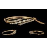 Antique Period - Ladies 15ct Gold Exquisite Diamond and Pearl Set Hinged Bangle with Safety Chain