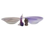 Gibovskis art glass bowl, another glass bowl, Murano style model of a fish and an owl,
