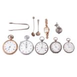 Three silver fob watches, one gold-plated, stop watch, silver spoons.