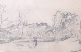 Jean Marchand (1883-1940), A figure in a landscape, signed lower right, charcoal on paper, 28.2cm