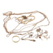A collection of gold jewels, comprising: six 9ct gold chains and one bracelet, each with British