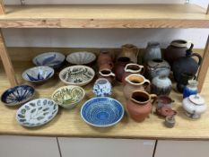 A group of 20th century studio ceramics, including McKechnie and Dickerware pottery jugs, largest