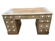 A Victorian pine twin pedestal desk, width 136cm, depth 68cm, height 74cm