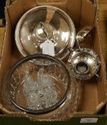 A silver plated muffin dish and cover, a plated soup ladle, fruit bowl and other items