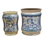 A large 18th century Italian maiolica albarello, 22cm, and a later albarello
