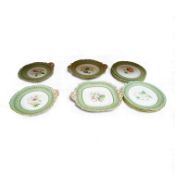 A Victorian bone china flower painted dessert service, four serving dishes and eight plates,