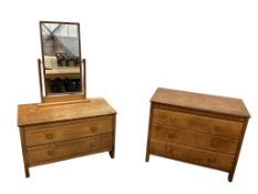 A Heals style oak chest of three drawers, width 91cm, depth 49cm, height 74cm and a matching two