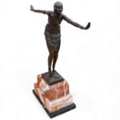 After Demétre Haralamb Chiparus (1886–1947), an Art Deco style bronze of a dancing lady, raised on