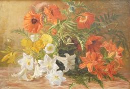 Late 19th century, English School, Still life study of poppies and lilies, signed Copnall, oil on