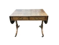 A Regency style satinwood banded pale mahogany sofa table, width 94cm, depth 61cm, height 71cm