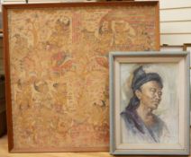 Balinese school, deities and figures, watercolour/gouache on fabric, together with a portrait, oil