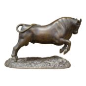 A late 19th century bronze model of a rearing bull, unsigned, 17cm wide