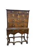 A Queen Anne and later isometric banded walnut chest on stand, width 103cm, depth 56cm, height