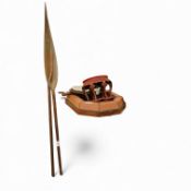 A Chinese red lacquer stand, 24.5cm high. A leatherette mounted octagonal easel mirror, 68cm. A pair