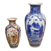 A Japanese Arita enamelled vase, 37cm, and a large Japanese Arita blue and white vase